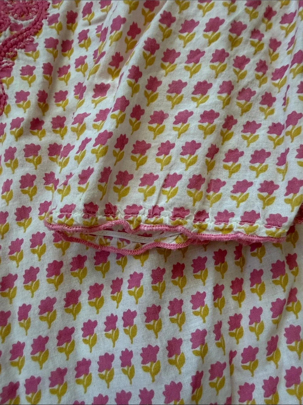 Pink Chicken Pink/Yellow Floral Block Print Cotton Embroidered Tunic Dress Sz 5y